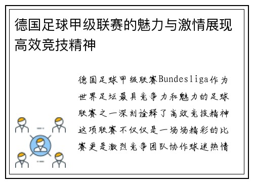 德国足球甲级联赛的魅力与激情展现高效竞技精神