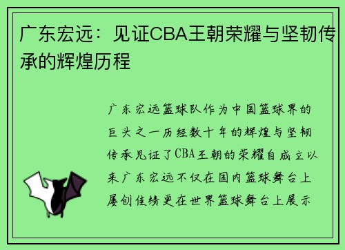广东宏远：见证CBA王朝荣耀与坚韧传承的辉煌历程