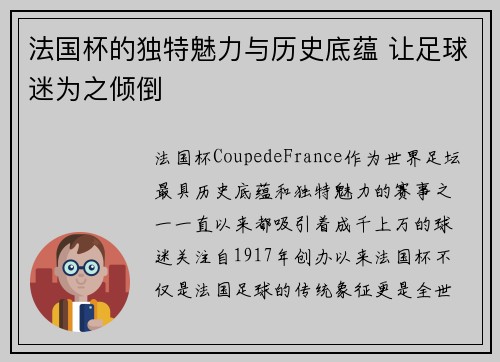 法国杯的独特魅力与历史底蕴 让足球迷为之倾倒